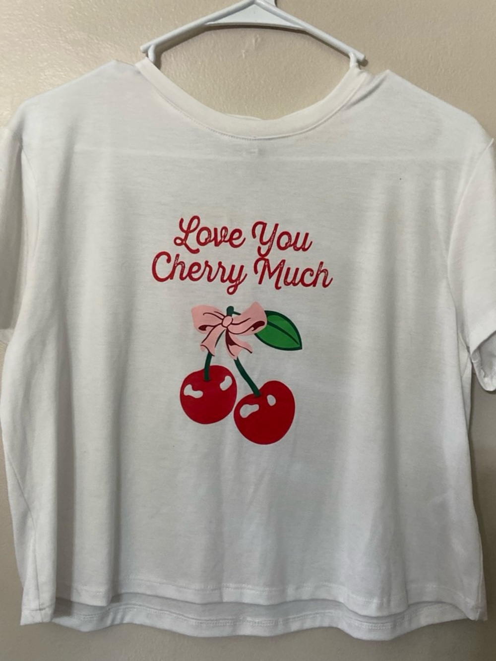 Freshman White Crop Tee with Red Cherry Graphic and Pink Bow